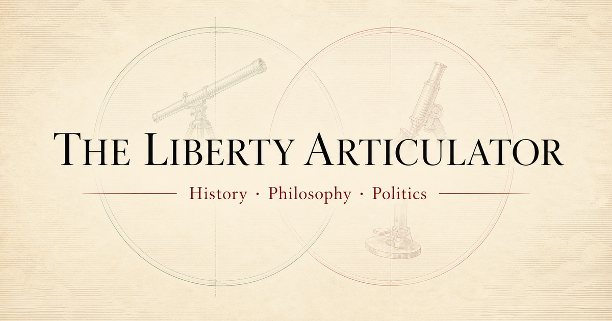 The Liberty Articulator title over faint engraved telescope and microscope motifs